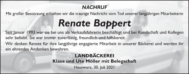  Traueranzeige für Renate Bappert vom 30.07.2021 aus FZ