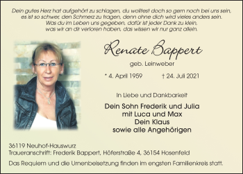 Traueranzeige von Renate Bappert von FZ