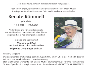 Traueranzeige von Renate Römmelt von FZ