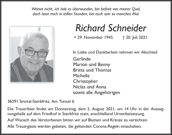 Traueranzeige von Richard Schneider von FZ