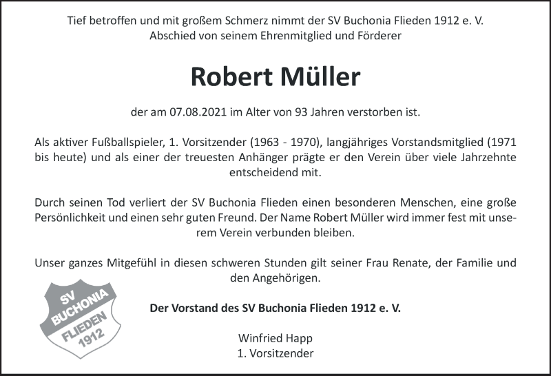  Traueranzeige für Robert Müller vom 11.08.2021 aus FZ