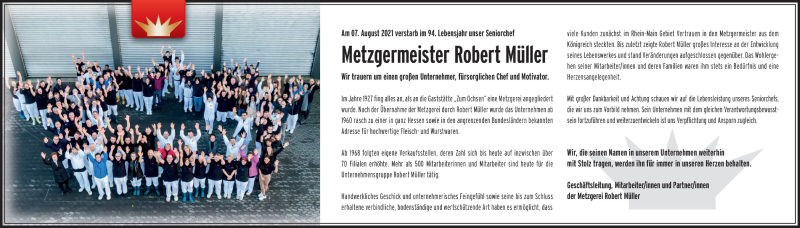  Traueranzeige für Robert Müller vom 11.08.2021 aus FZ