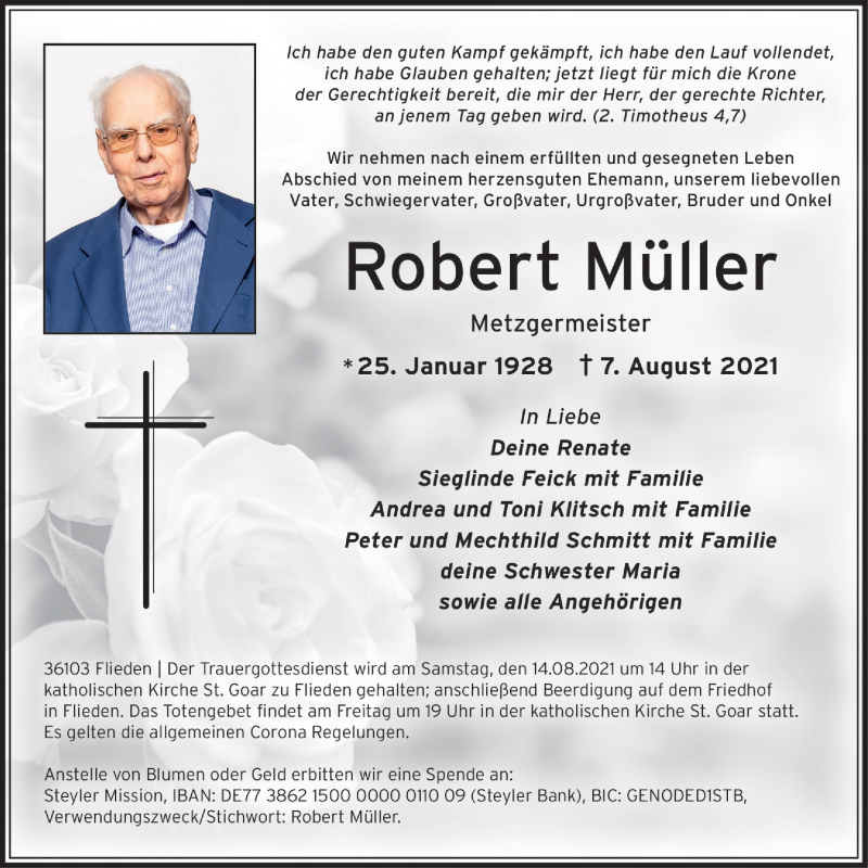  Traueranzeige für Robert Müller vom 11.08.2021 aus FZ