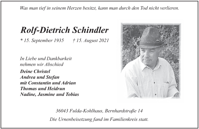  Traueranzeige für Rolf-Dietrich Schindler vom 28.08.2021 aus FZ