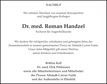 Traueranzeige von Roman Handzel von FZ