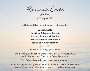 Traueranzeige von Rosmarie Dietz von FZ