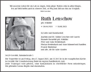 Traueranzeige von Ruth Lenschow von FZ