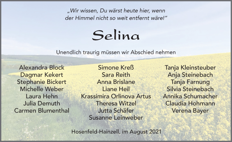  Traueranzeige für Selina Schad vom 05.08.2021 aus FZ