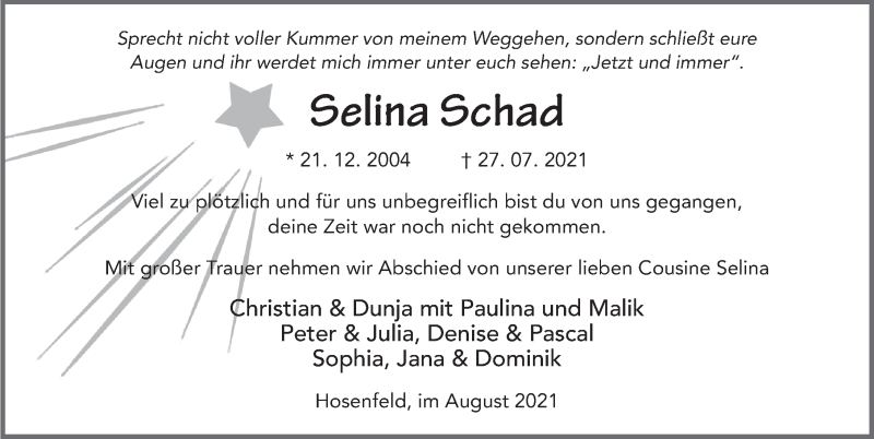  Traueranzeige für Selina Schad vom 05.08.2021 aus FZ