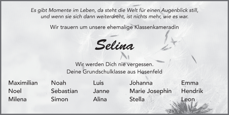  Traueranzeige für Selina Schad vom 05.08.2021 aus FZ