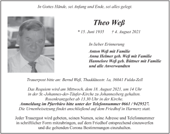 Traueranzeige von Theo Weß von FZ