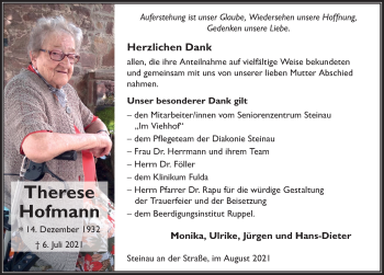 Traueranzeige von Therese Hofmann von FZ