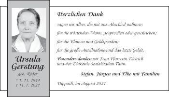 Traueranzeige von Ursula Gerstung von FZ