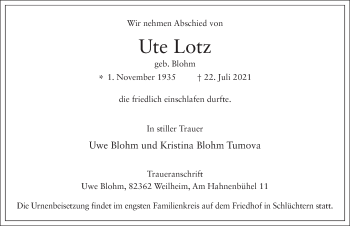 Traueranzeige von Ute Lotz von FZ