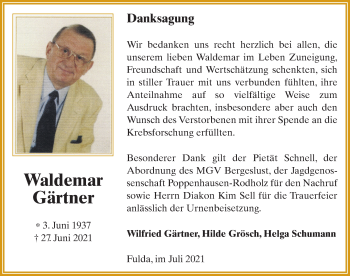 Traueranzeige von Waldemar Gärtner von FZ