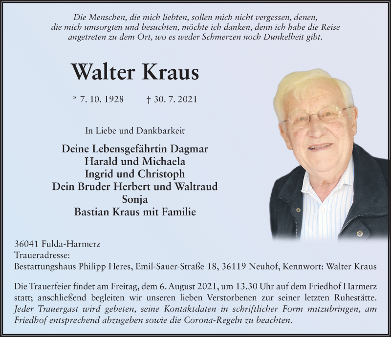  Traueranzeige für Walter Kraus vom 04.08.2021 aus FZ
