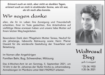 Traueranzeige von Waltraud Bug von FZ