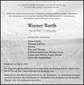 Traueranzeige von Werner Barth von FZ