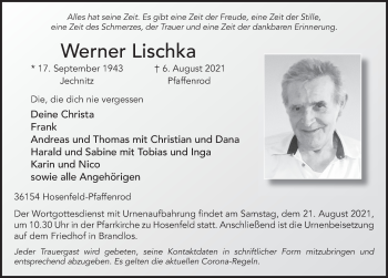 Traueranzeige von Werner Lischka von FZ