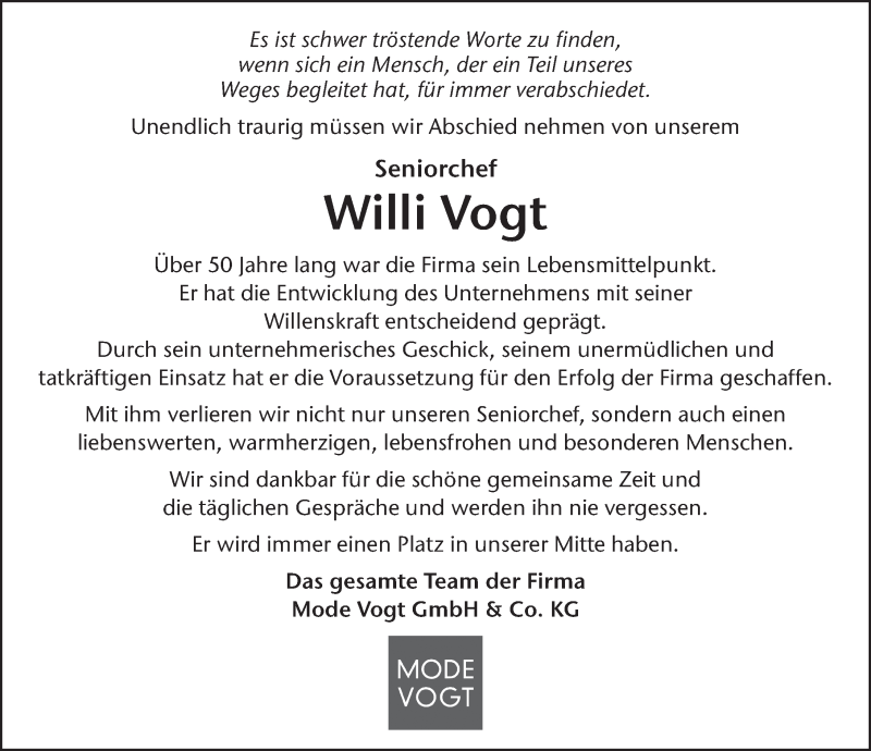  Traueranzeige für Willi Vogt vom 25.08.2021 aus FZ