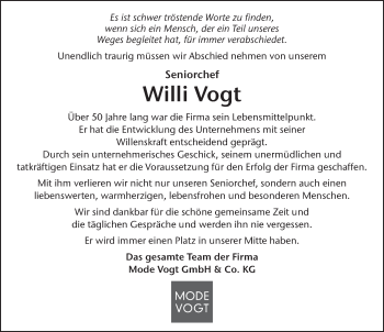 Traueranzeige von Willi Vogt von FZ