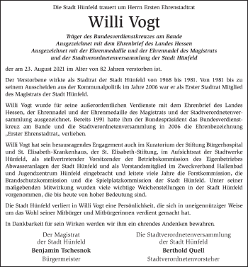 Traueranzeige von Willi Vogt von FZ