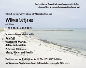 Traueranzeige von Wilma Lütjens von FZ
