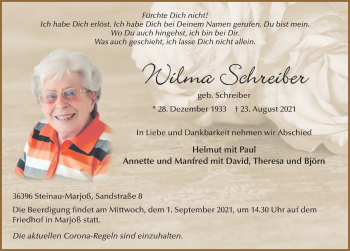 Traueranzeige von Wilma Schreiber von FZ