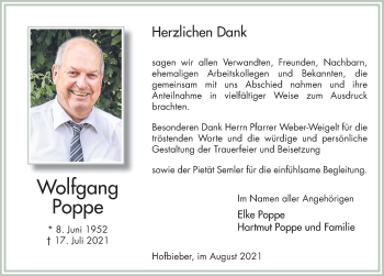 Traueranzeige von Wolfgang Poppe von FZ
