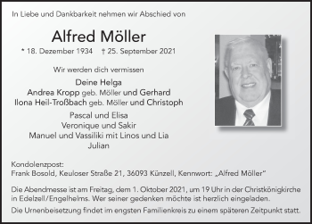 Traueranzeige von Alfred Möller von FZ