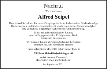 Traueranzeige von Alfred Seipel von FZ