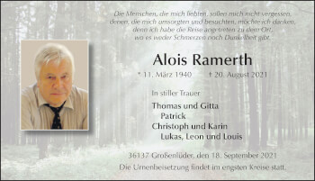 Traueranzeige von Alois Ramerth von FZ