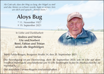 Traueranzeige von Aloys Bug von FZ