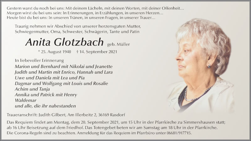  Traueranzeige für Anita Glotzbach vom 18.09.2021 aus FZ
