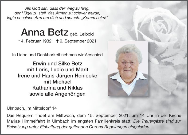 Traueranzeige für Anna Betz vom 13.09.2021 aus FZ