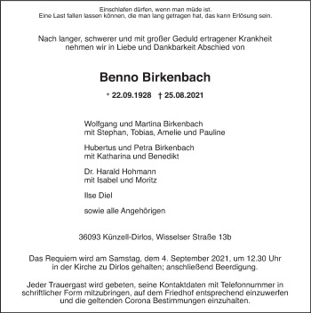 Traueranzeige von Benno Birkenbach von FZ