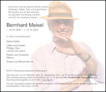 Traueranzeige von Bernhard Meisel von FZ