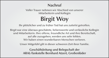 Traueranzeige von Birgit Woy von FZ