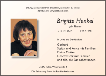 Traueranzeige von Brigitte Henkel von FZ