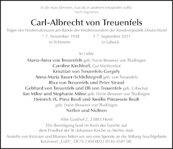 Traueranzeige von Carl-Albrecht von Treuenfels von FZ