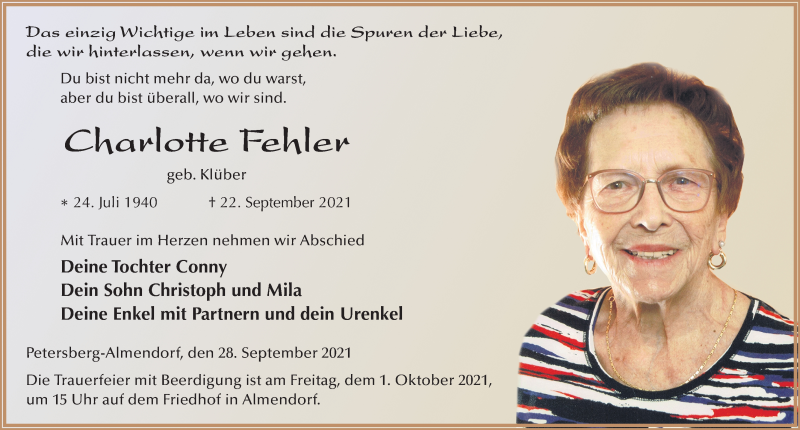 Traueranzeige für Charlotte Fehler vom 28.09.2021 aus FZ