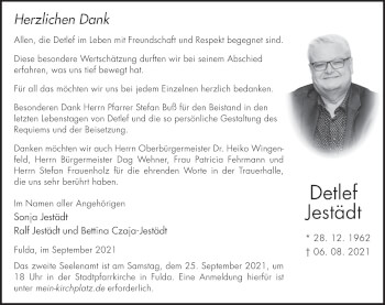Traueranzeige von Detlef Jestädt von FZ