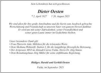 Traueranzeige von Dieter Oesten von FZ