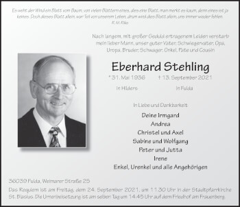 Traueranzeige von Eberhard Stehling von FZ