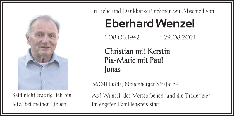  Traueranzeige für Eberhard Wenzel vom 25.09.2021 aus FZ