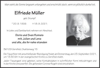 Traueranzeige von Elfriede Müller von FZ