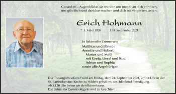 Traueranzeige von Erich Hohmann von FZ