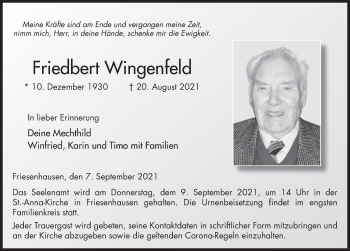 Traueranzeige von Friedbert Wingenfeld von FZ