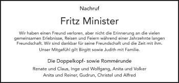 Traueranzeige von Fritz Minister von FZ