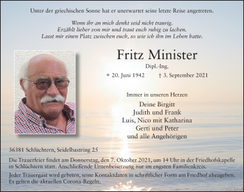 Traueranzeige von Fritz Minister von FZ